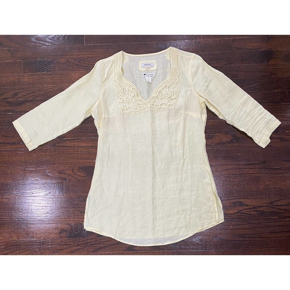 MALVIN Hamburg Germany Yellow Linen Tunic Size M Embroidered V-Neck 3/4 Sleeves